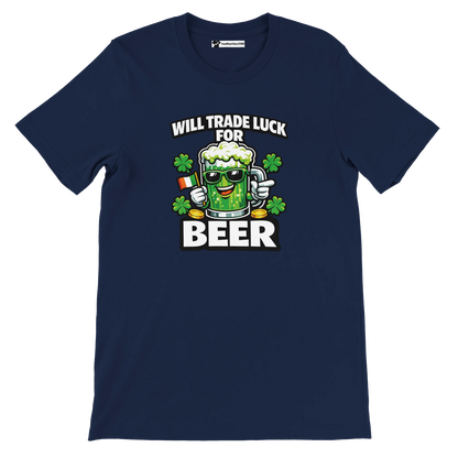 Navy St. Patrick's Day tee with 'Will Trade Luck For Beer' graphic, shamrocks, and green beer mug