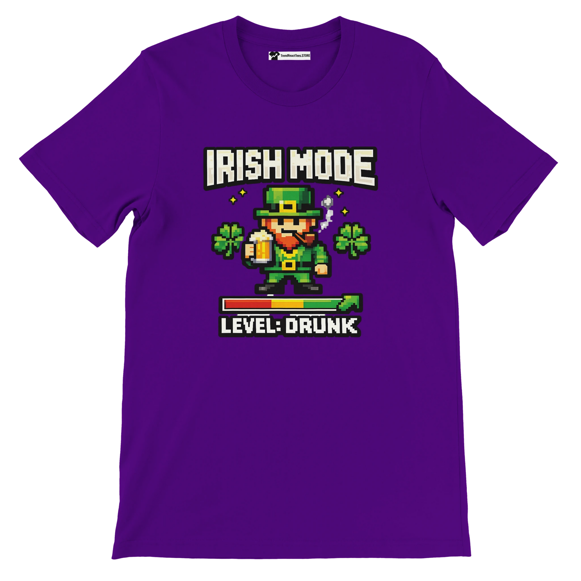 Purple Irish Mode Level Drunk pixel art leprechaun tee with shamrocks and beer, St. Patrick's Day graphic tee