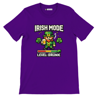 Purple Irish Mode Level Drunk pixel art leprechaun tee with shamrocks and beer, St. Patrick's Day graphic tee