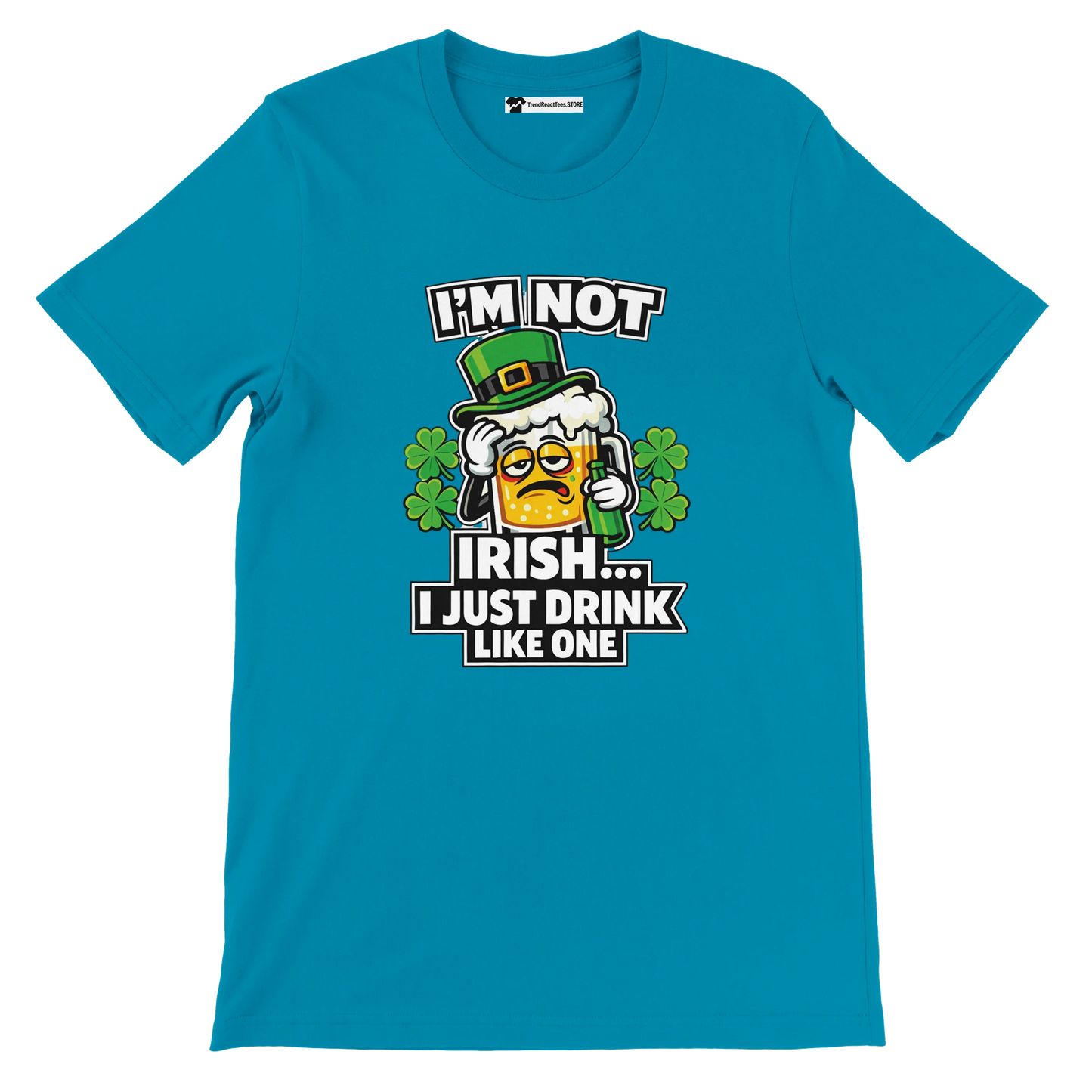 Funny St. Patrick’s Day tee with beer mug graphic, shamrocks, and 'I’m Not Irish... I Just Drink Like One' text