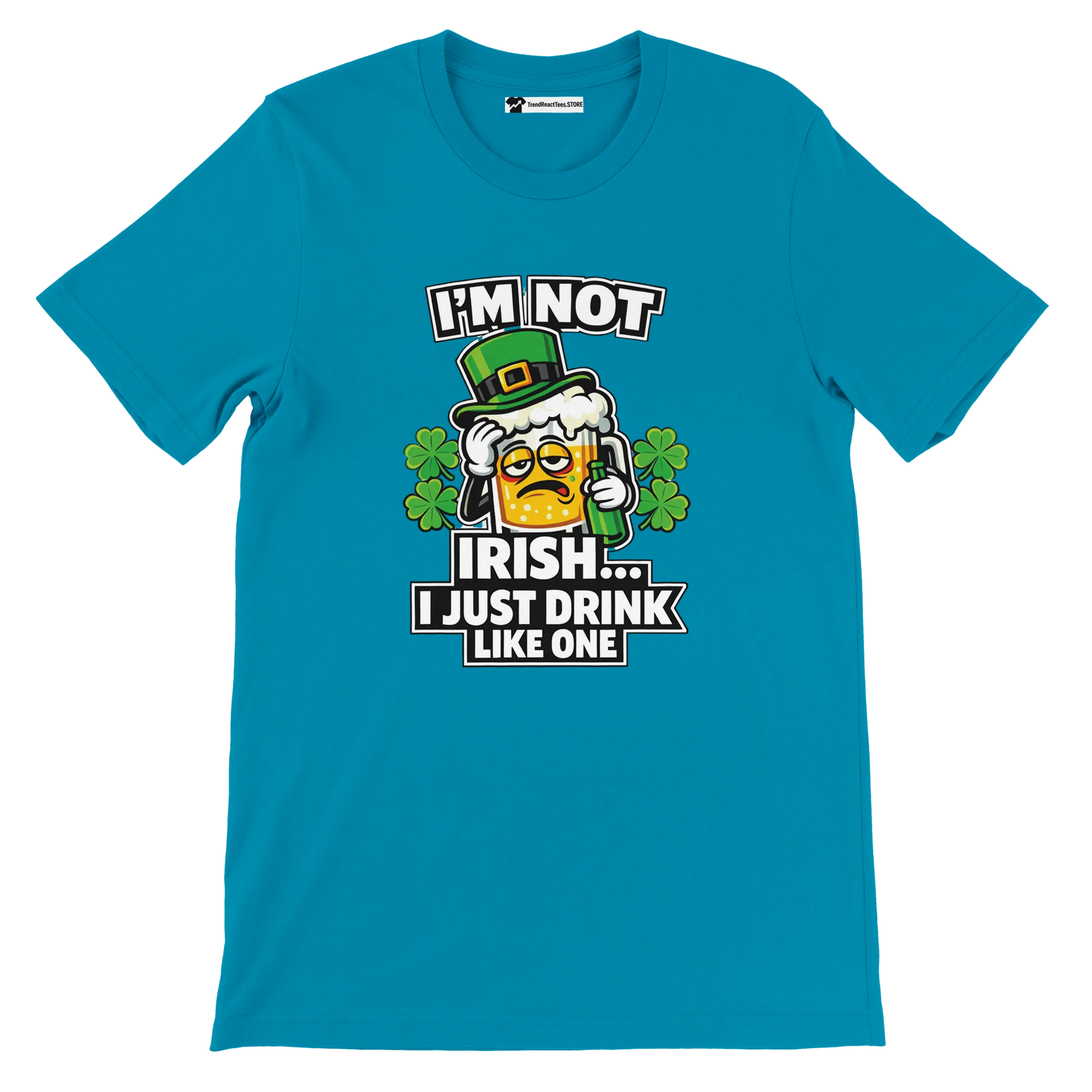 Funny St. Patrick’s Day tee with beer mug graphic, shamrocks, and 'I’m Not Irish... I Just Drink Like One' text