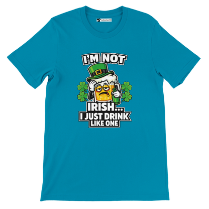 Funny St. Patrick’s Day tee with beer mug graphic, shamrocks, and 'I’m Not Irish... I Just Drink Like One' text