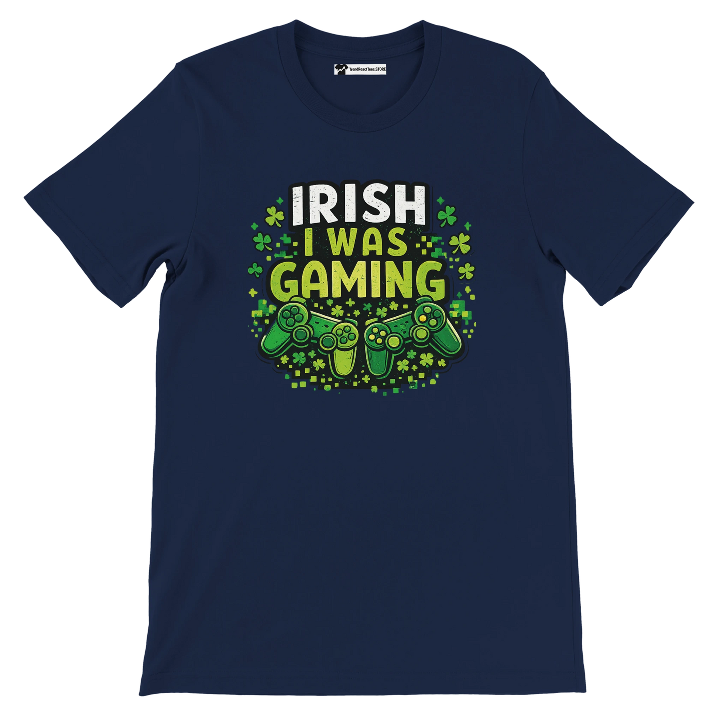 Irish I Was Gaming tee with shamrocks and controllers, perfect for St. Patrick's Day gamers