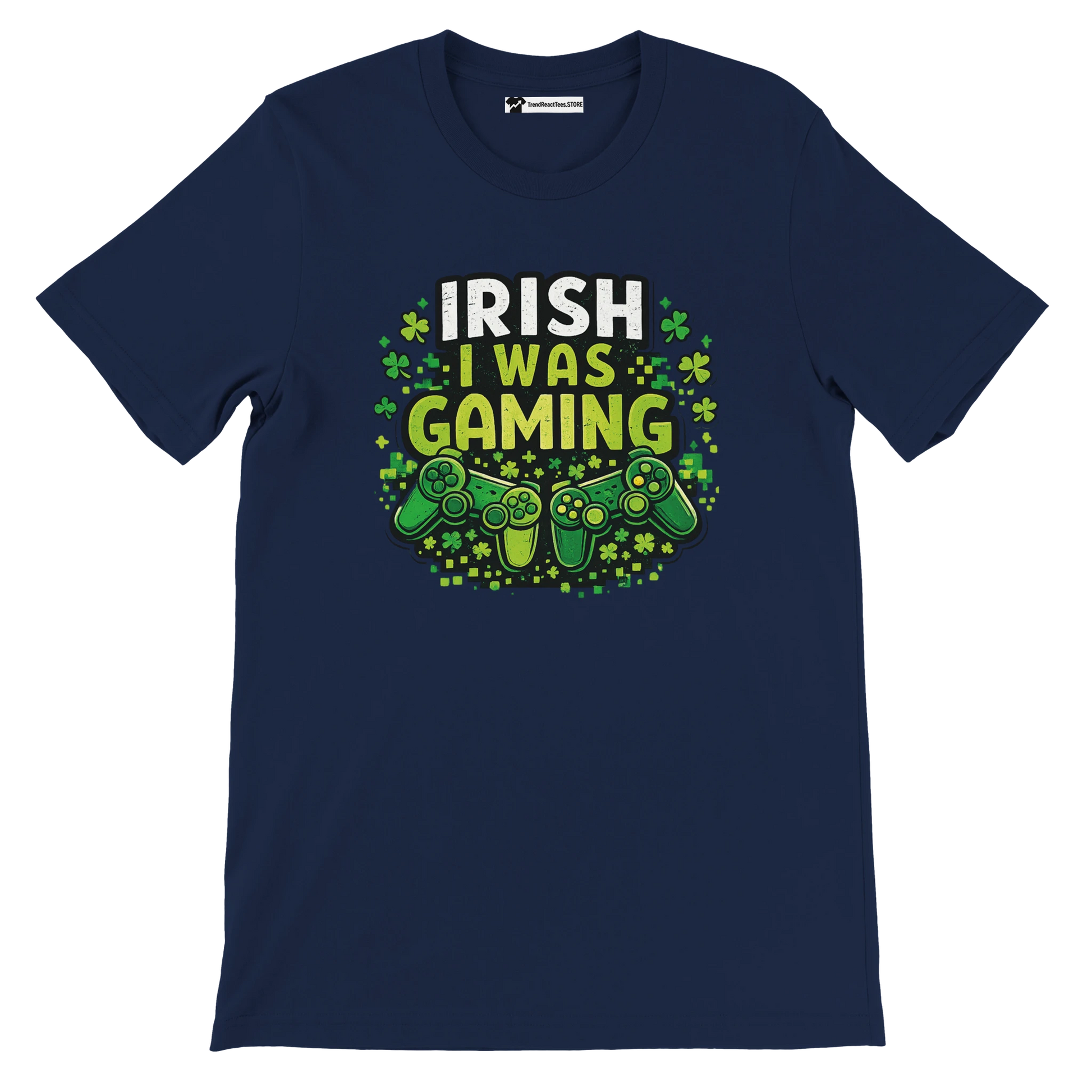 Irish I Was Gaming tee with shamrocks and controllers, perfect for St. Patrick's Day gamers