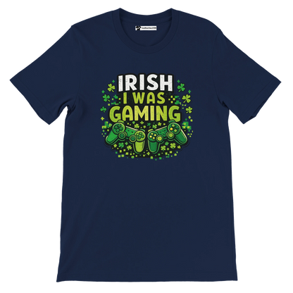 Irish I Was Gaming tee with shamrocks and controllers, perfect for St. Patrick's Day gamers
