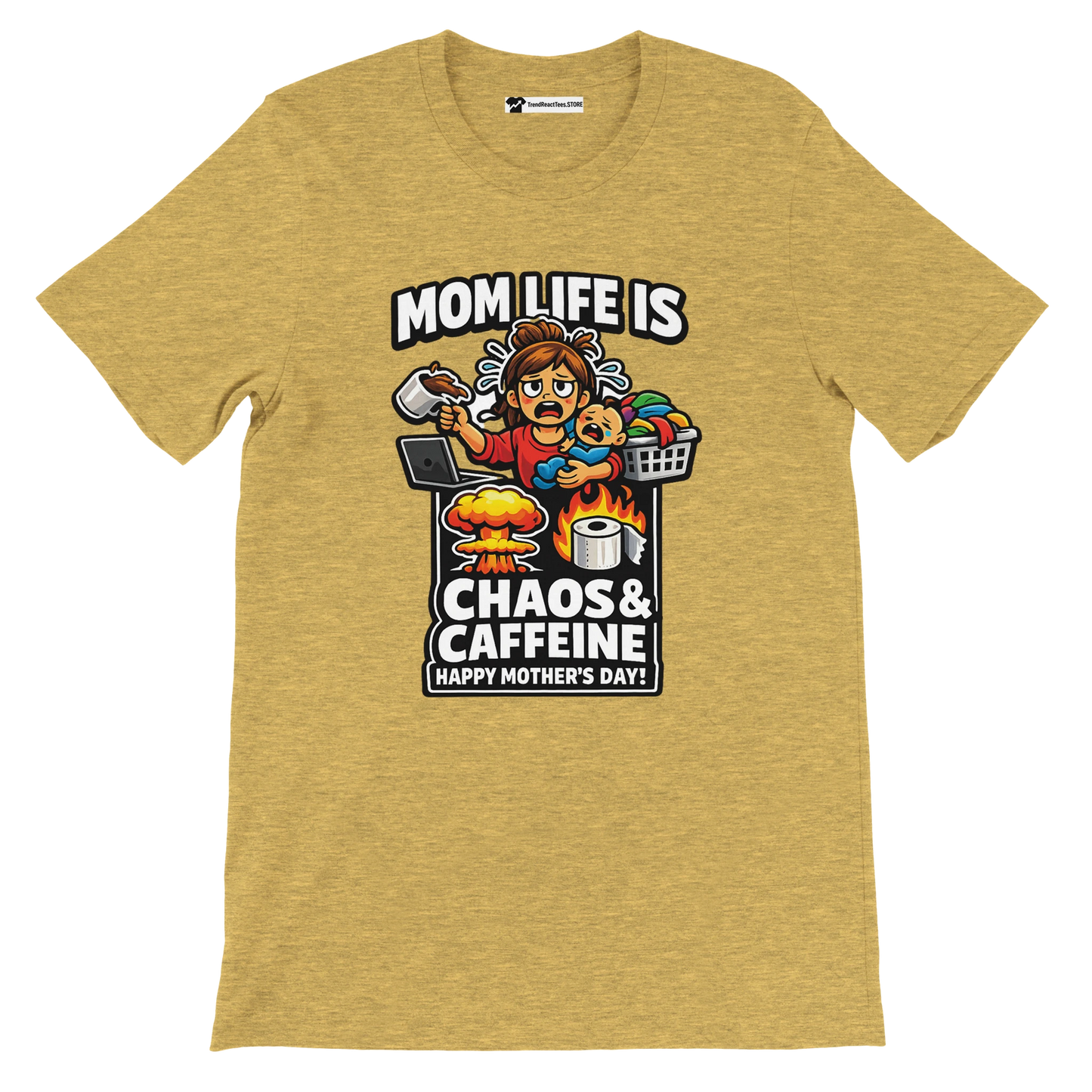 Yellow tee with cartoon mom graphic, coffee, baby, and text: Mom Life is Chaos & Caffeine, Happy Mother's Day