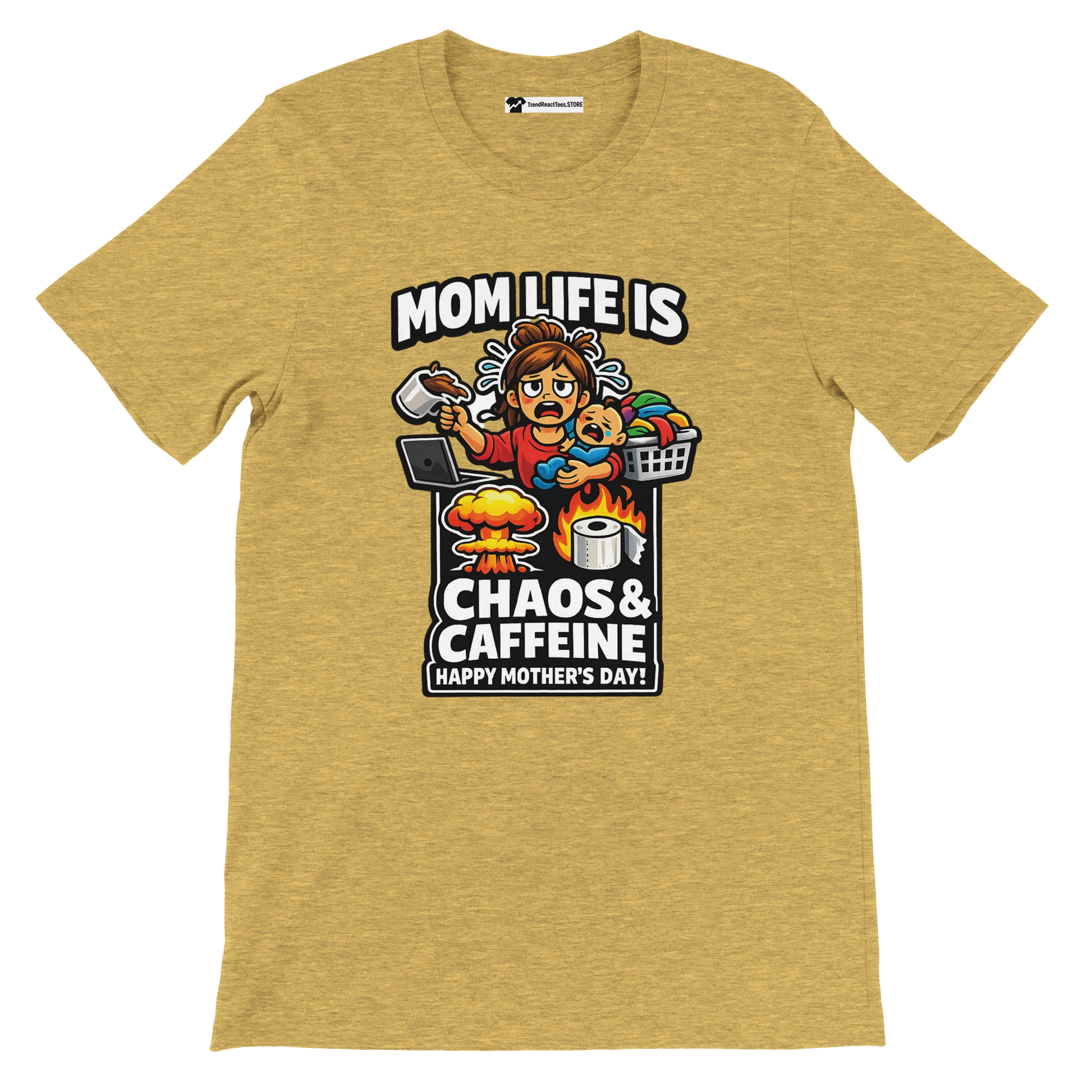 Yellow tee with cartoon mom graphic, coffee, baby, and text: Mom Life is Chaos & Caffeine, Happy Mother's Day