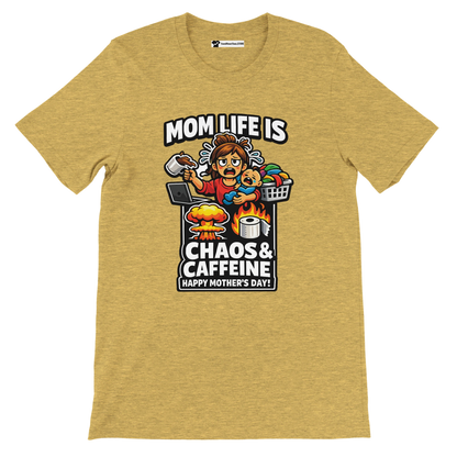 Yellow tee with cartoon mom graphic, coffee, baby, and text: Mom Life is Chaos & Caffeine, Happy Mother's Day