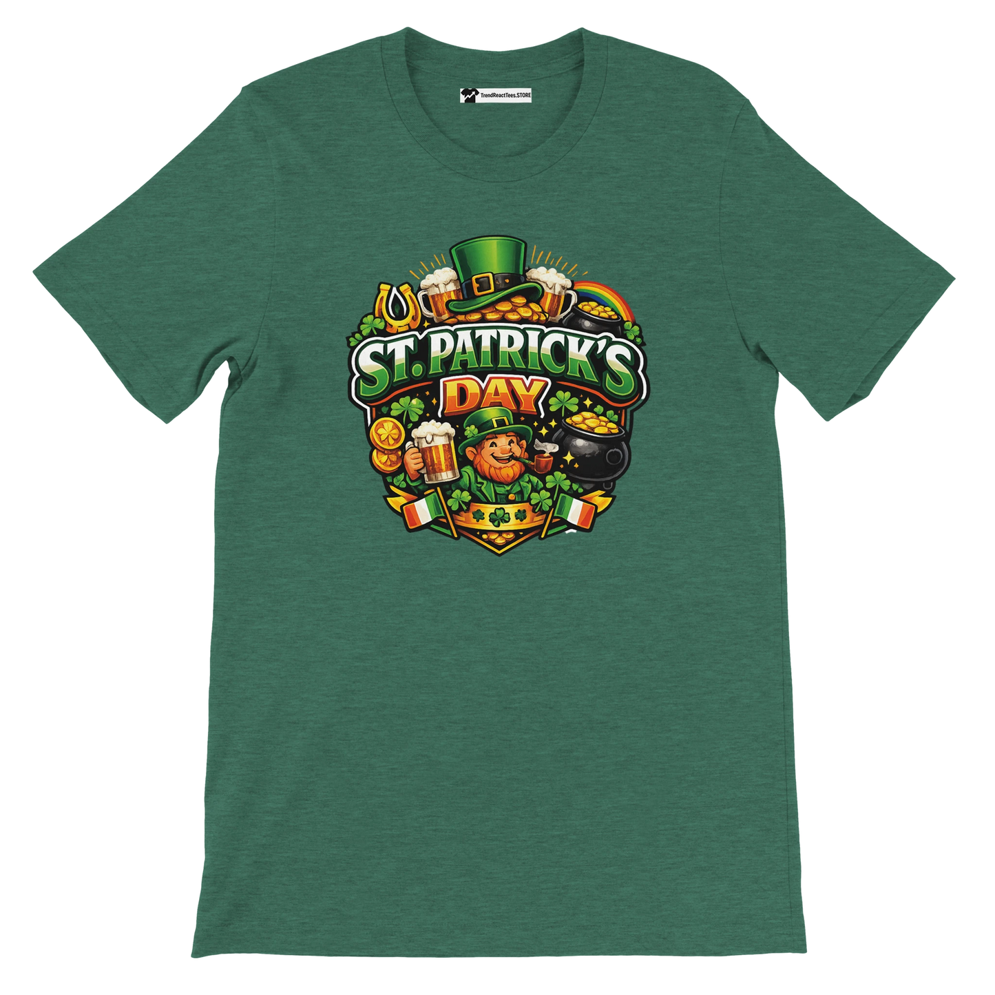 St. Patrick's Day tee with leprechaun, beer, shamrocks, and gold coins on green shirt
