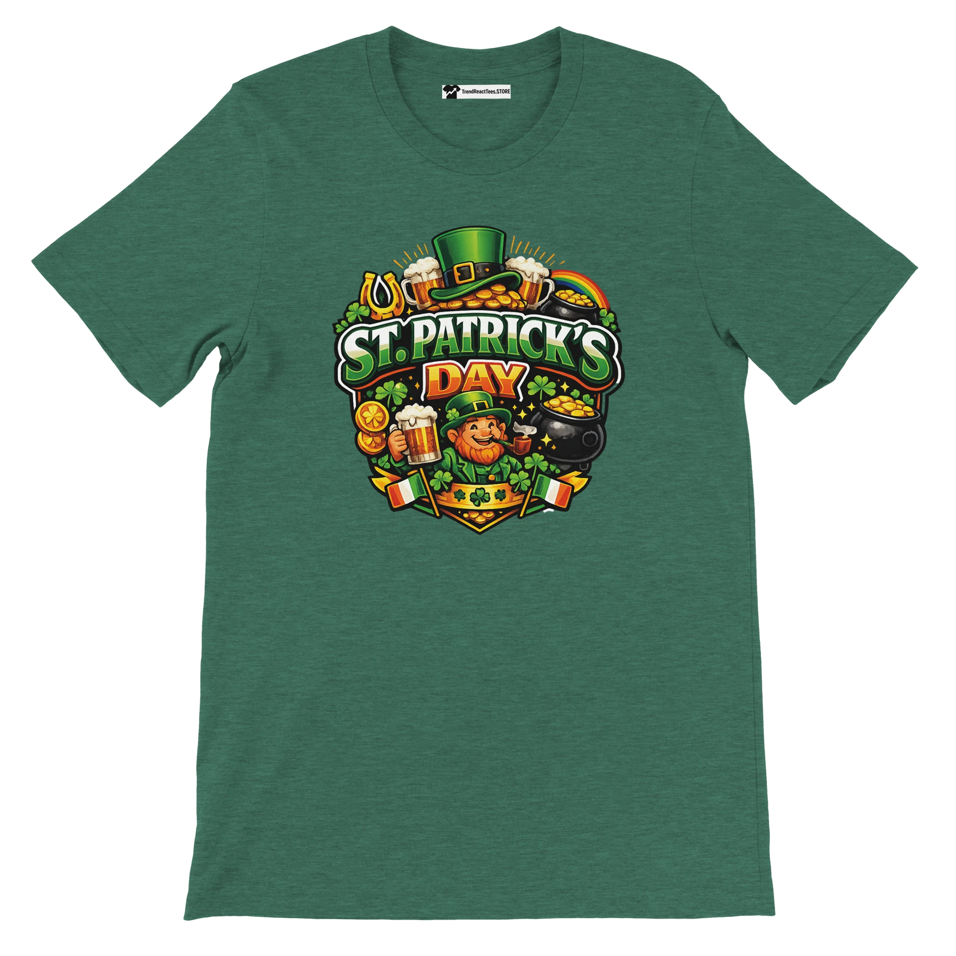 St. Patrick's Day tee with leprechaun, beer, shamrocks, and gold coins on green shirt