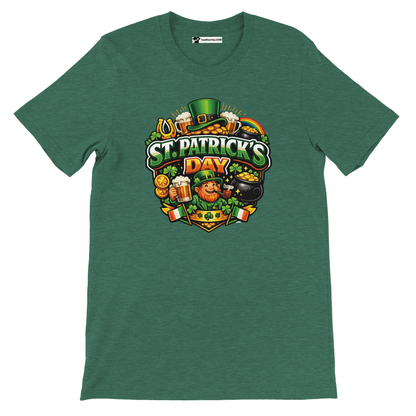 St. Patrick's Day tee with leprechaun, beer, shamrocks, and gold coins on green shirt