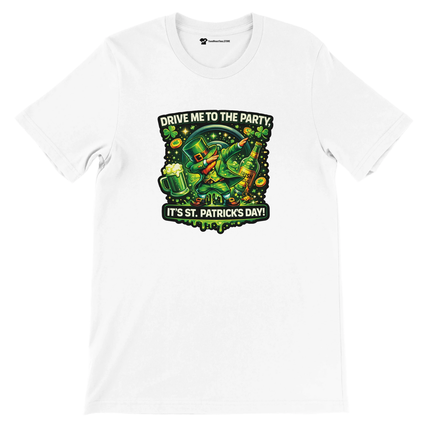 St. Patrick's Day t-shirt with dabbing leprechaun, beer, shamrocks, and 'Drive Me to the Party' text