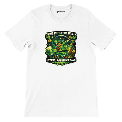 St. Patrick's Day t-shirt with dabbing leprechaun, beer, shamrocks, and 'Drive Me to the Party' text