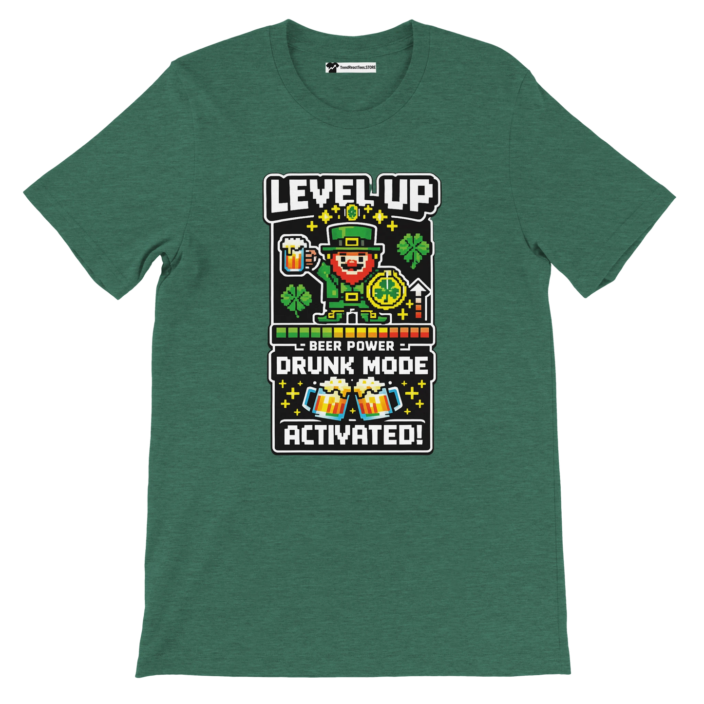 Green St. Patrick's Day tee with pixel leprechaun, 'Level Up Drunk Mode Activated' text, shamrocks, beer mugs
