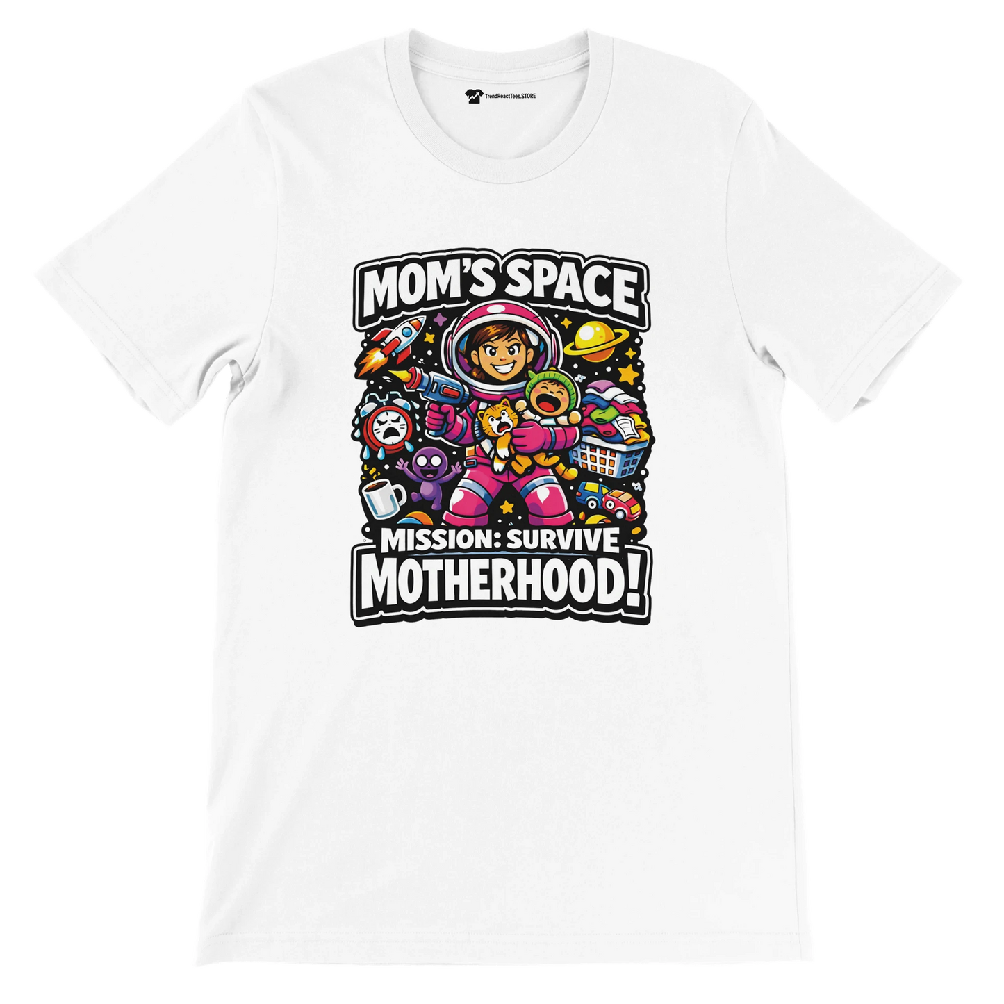 White t-shirt with cartoon mom astronaut, text 'Mom's Space Mission: Survive Motherhood', space and parenting icons
