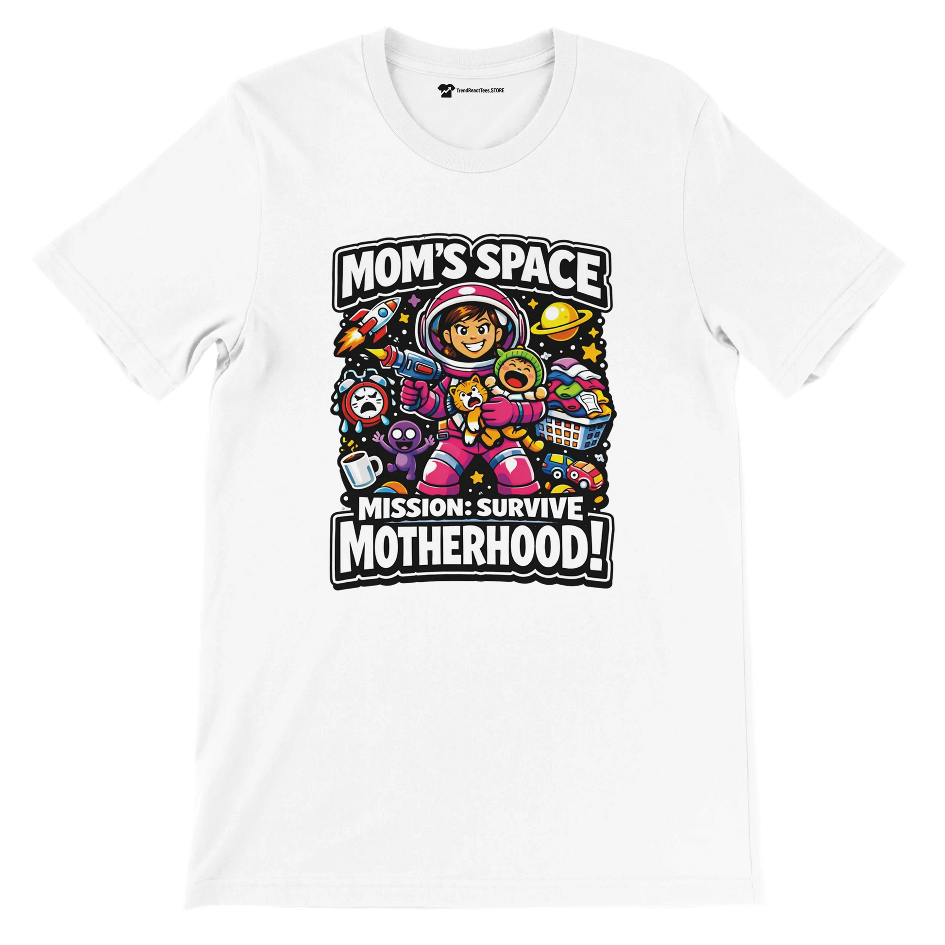 White t-shirt with cartoon mom astronaut, text 'Mom's Space Mission: Survive Motherhood', space and parenting icons