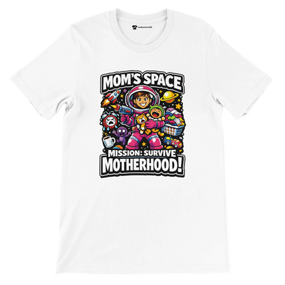 White t-shirt with cartoon mom astronaut, text 'Mom's Space Mission: Survive Motherhood', space and parenting icons