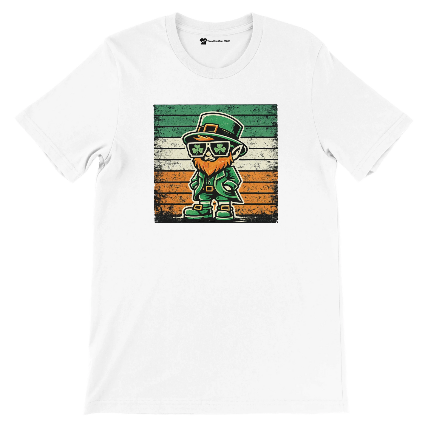 White t-shirt featuring a cartoon leprechaun with shamrock sunglasses and Irish flag background