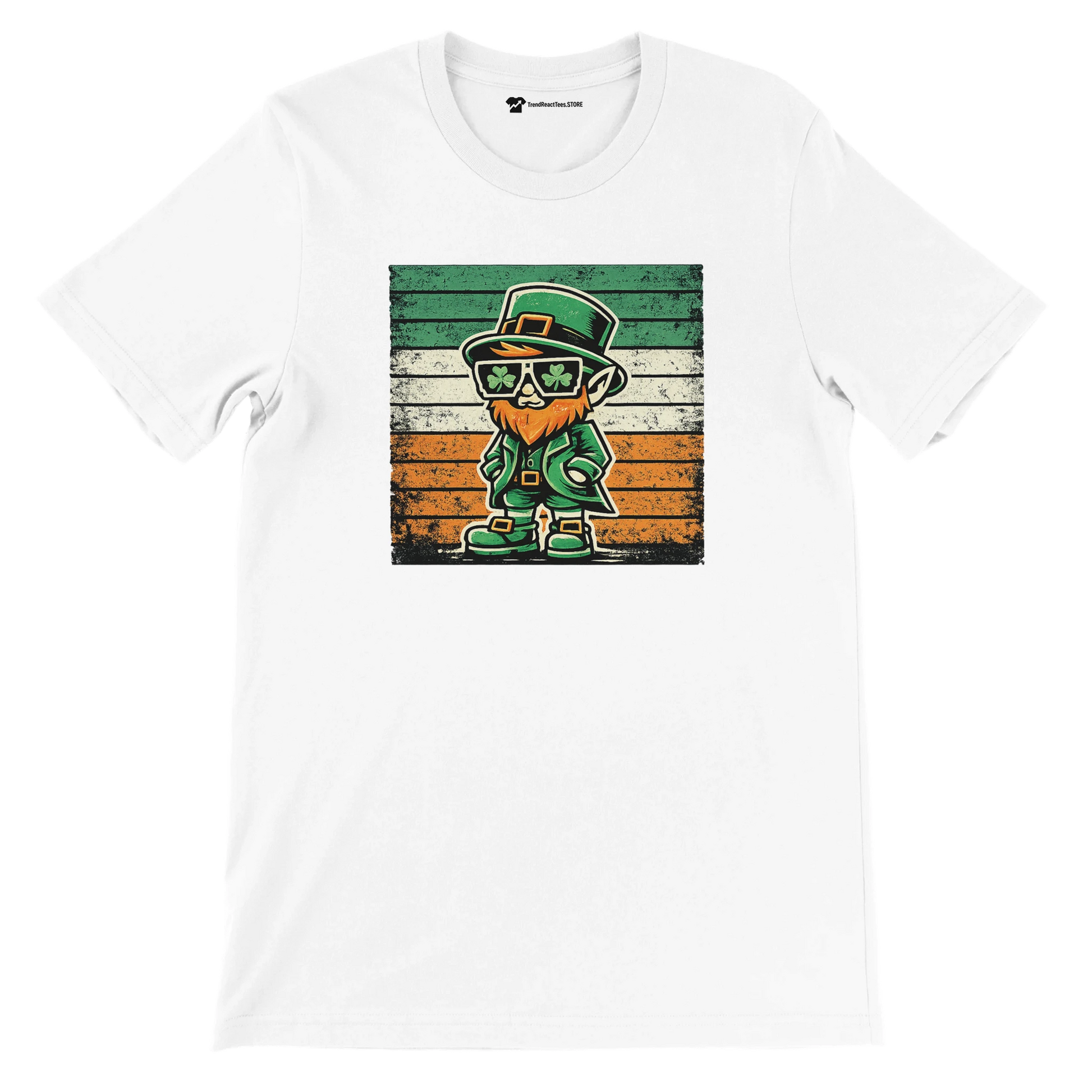 White t-shirt featuring a cartoon leprechaun with shamrock sunglasses and Irish flag background
