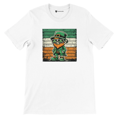White t-shirt featuring a cartoon leprechaun with shamrock sunglasses and Irish flag background