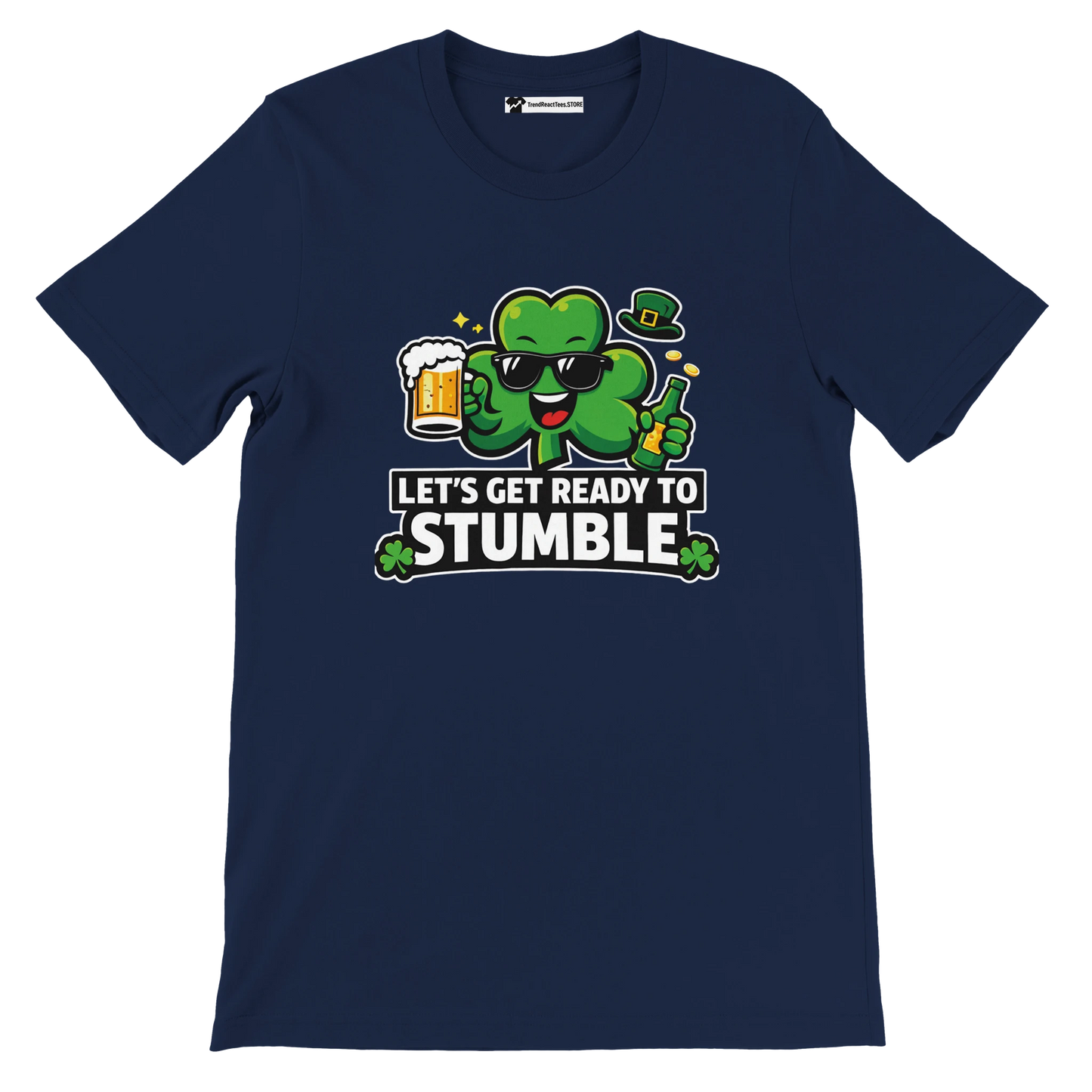 Navy tee with cartoon shamrock, beer mug, and text Let's Get Ready to Stumble, St. Patrick's Day shirt