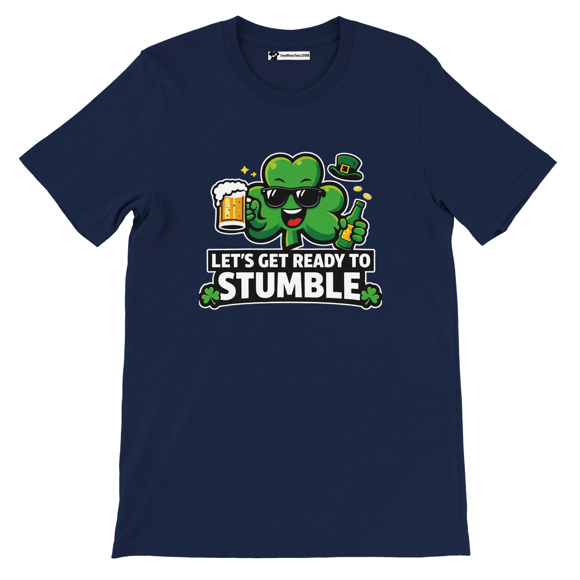 Navy tee with cartoon shamrock, beer mug, and text Let's Get Ready to Stumble, St. Patrick's Day shirt