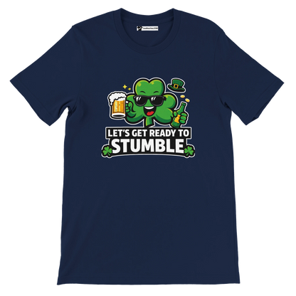 Navy tee with cartoon shamrock, beer mug, and text Let's Get Ready to Stumble, St. Patrick's Day shirt