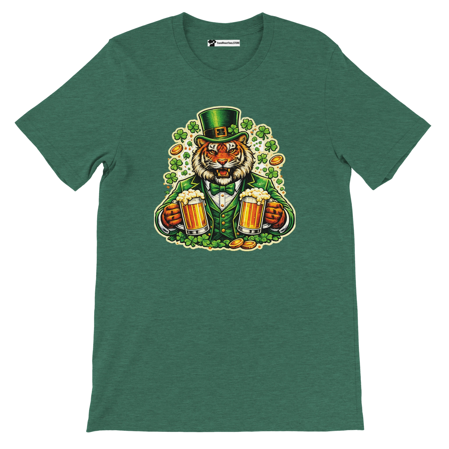 Green t-shirt with a cartoon tiger in leprechaun costume holding beer mugs, surrounded by shamrocks and gold coins