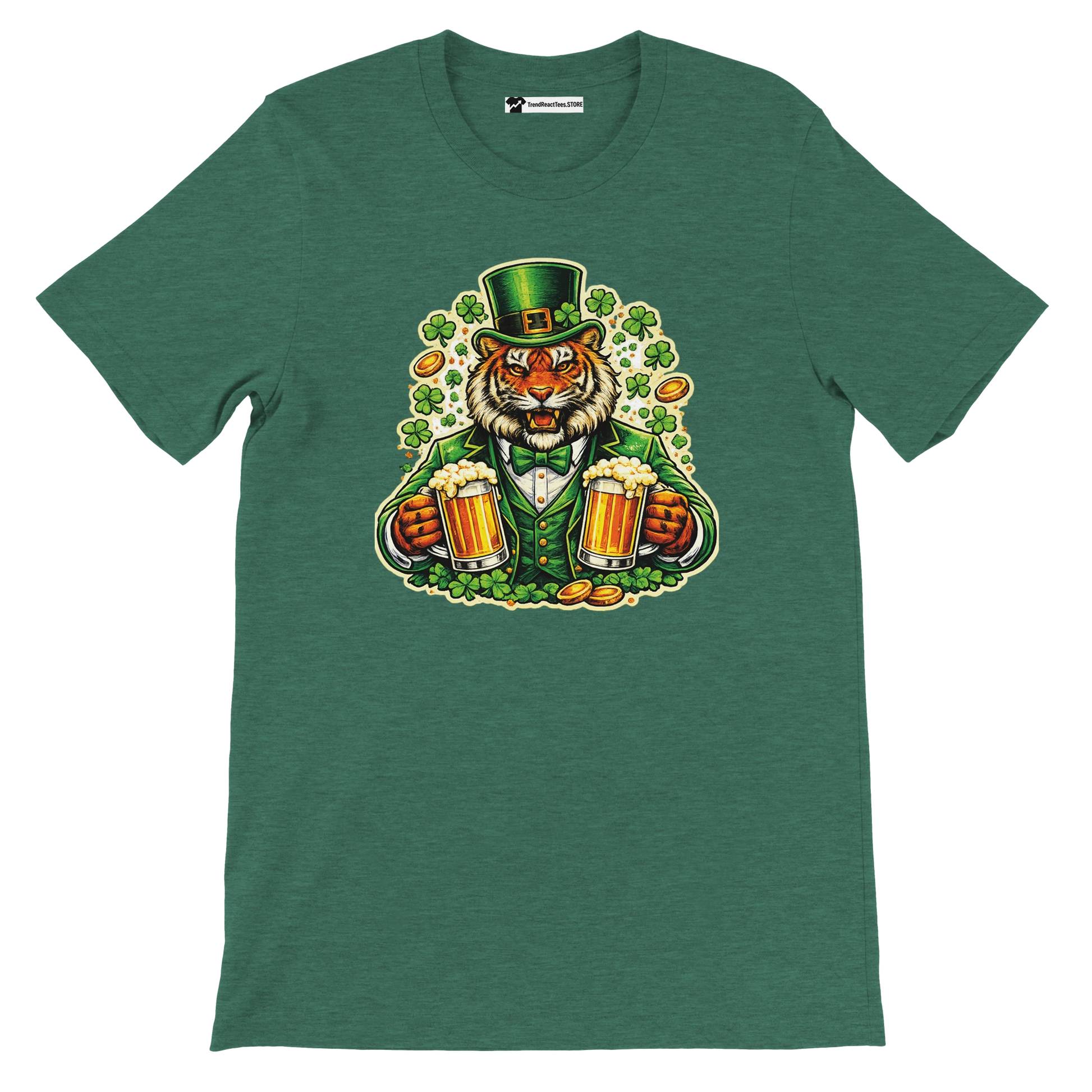 Green t-shirt with a cartoon tiger in leprechaun costume holding beer mugs, surrounded by shamrocks and gold coins