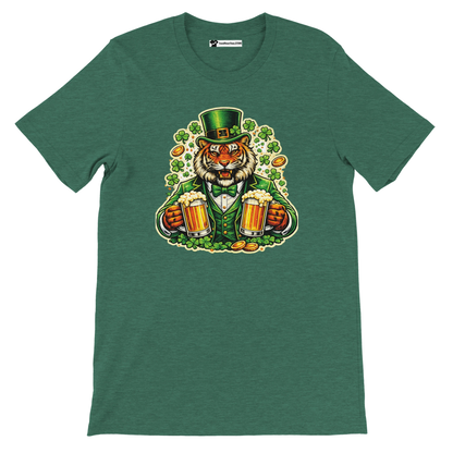 Green t-shirt with a cartoon tiger in leprechaun costume holding beer mugs, surrounded by shamrocks and gold coins