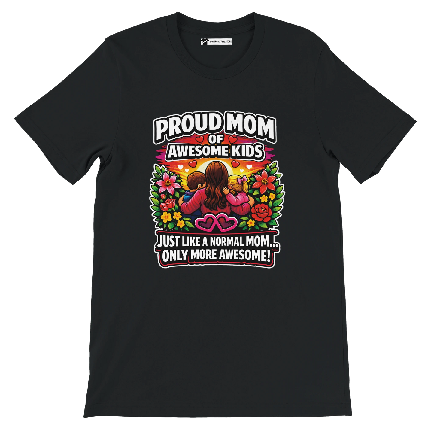 Black t-shirt with colorful anime-style mom and kids, floral design, and 'Proud Mom of Awesome Kids' quote.