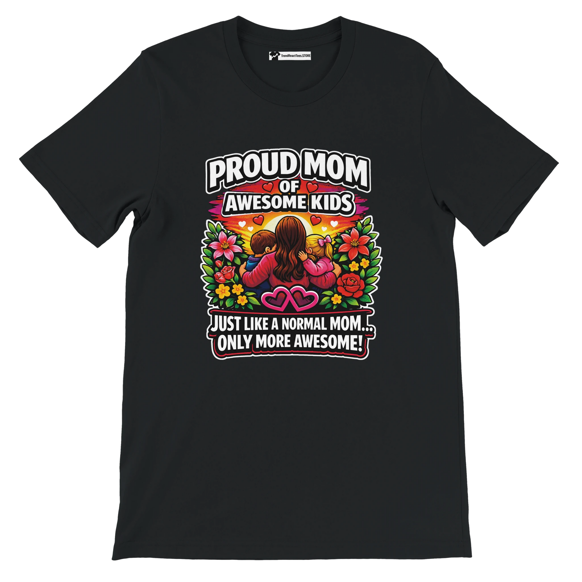 Black t-shirt with colorful anime-style mom and kids, floral design, and 'Proud Mom of Awesome Kids' quote.