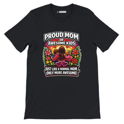 Black t-shirt with colorful anime-style mom and kids, floral design, and 'Proud Mom of Awesome Kids' quote.