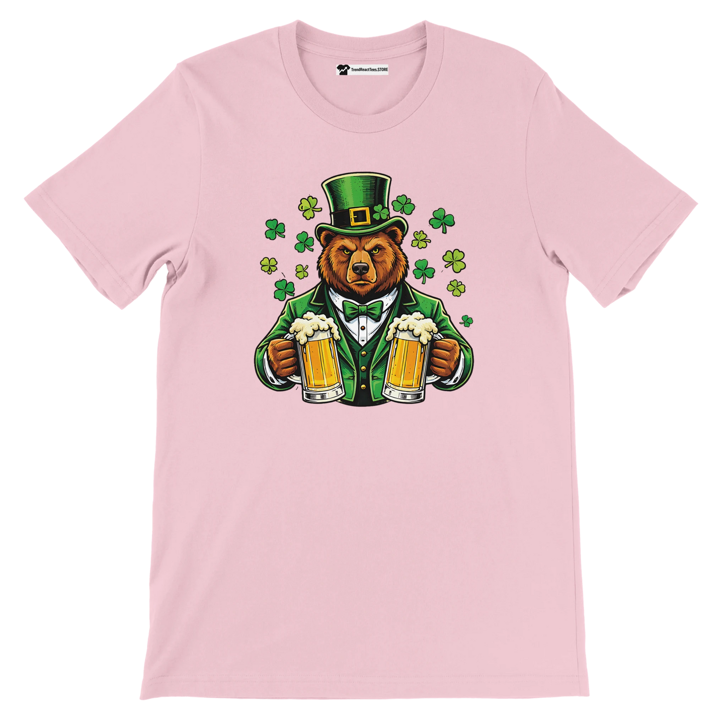 Bear in green St. Patrick's Day hat holding beer mugs with shamrocks, festive holiday tee