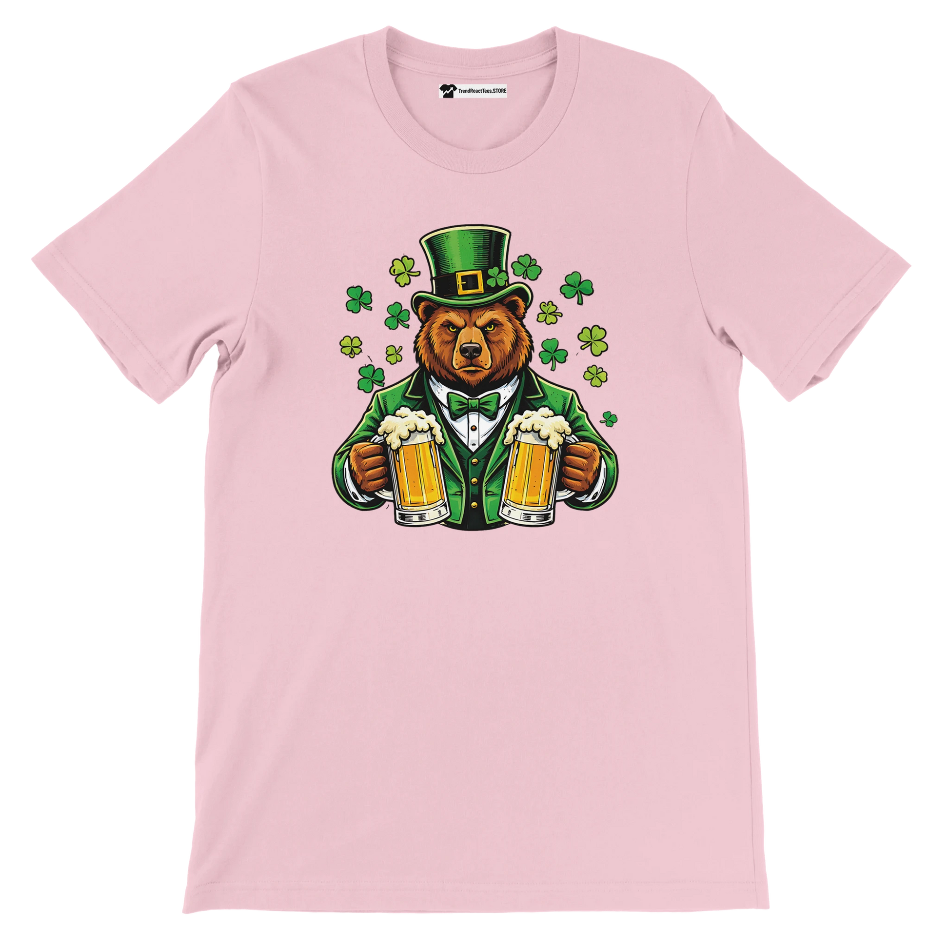 Bear in green St. Patrick's Day hat holding beer mugs with shamrocks, festive holiday tee