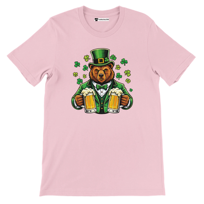 Bear in green St. Patrick's Day hat holding beer mugs with shamrocks, festive holiday tee