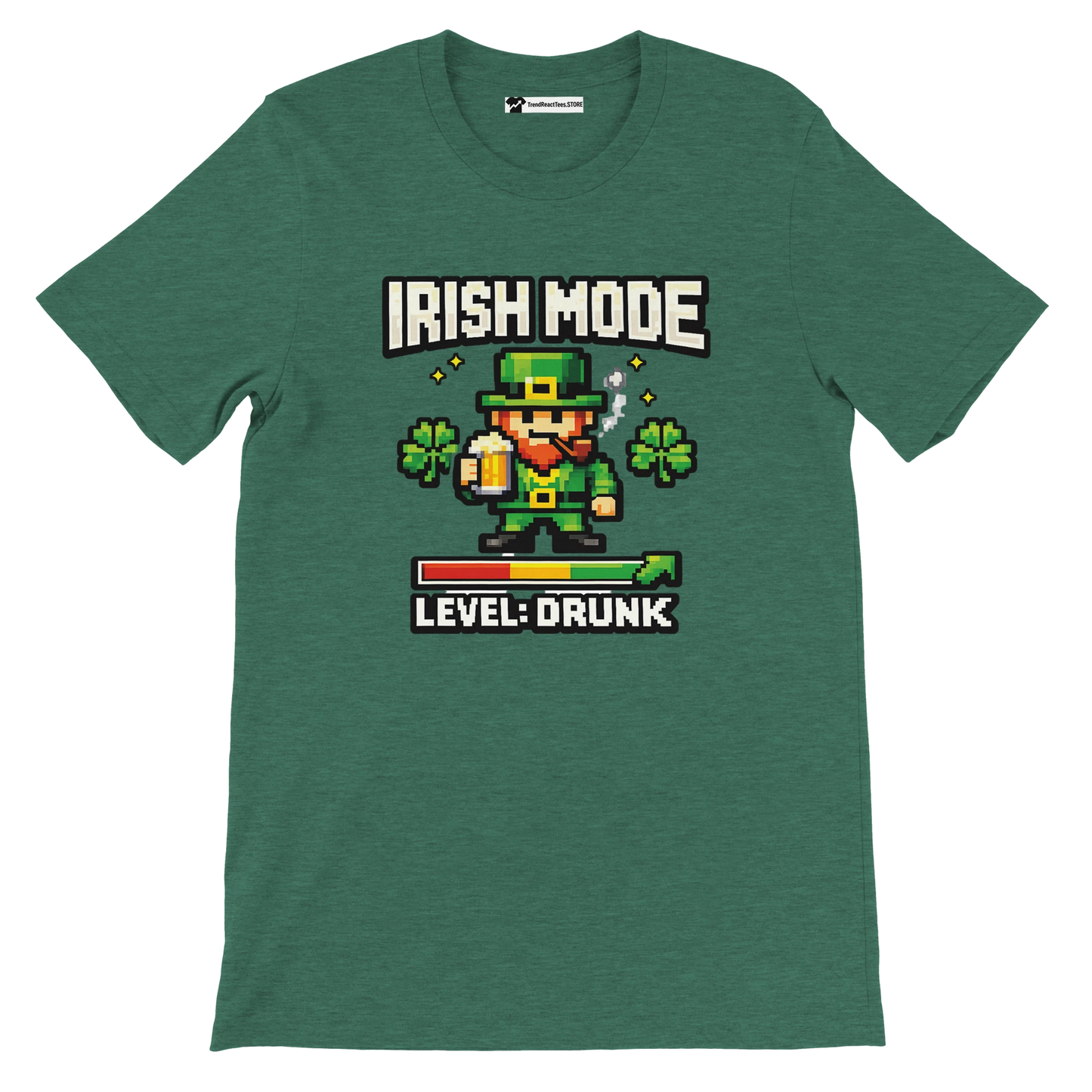 Green St. Patrick's Day tee with pixel leprechaun, 'Irish Mode Level: Drunk' text, shamrocks, beer