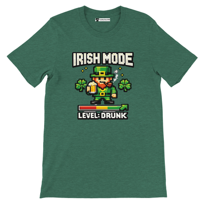 Green St. Patrick's Day tee with pixel leprechaun, 'Irish Mode Level: Drunk' text, shamrocks, beer