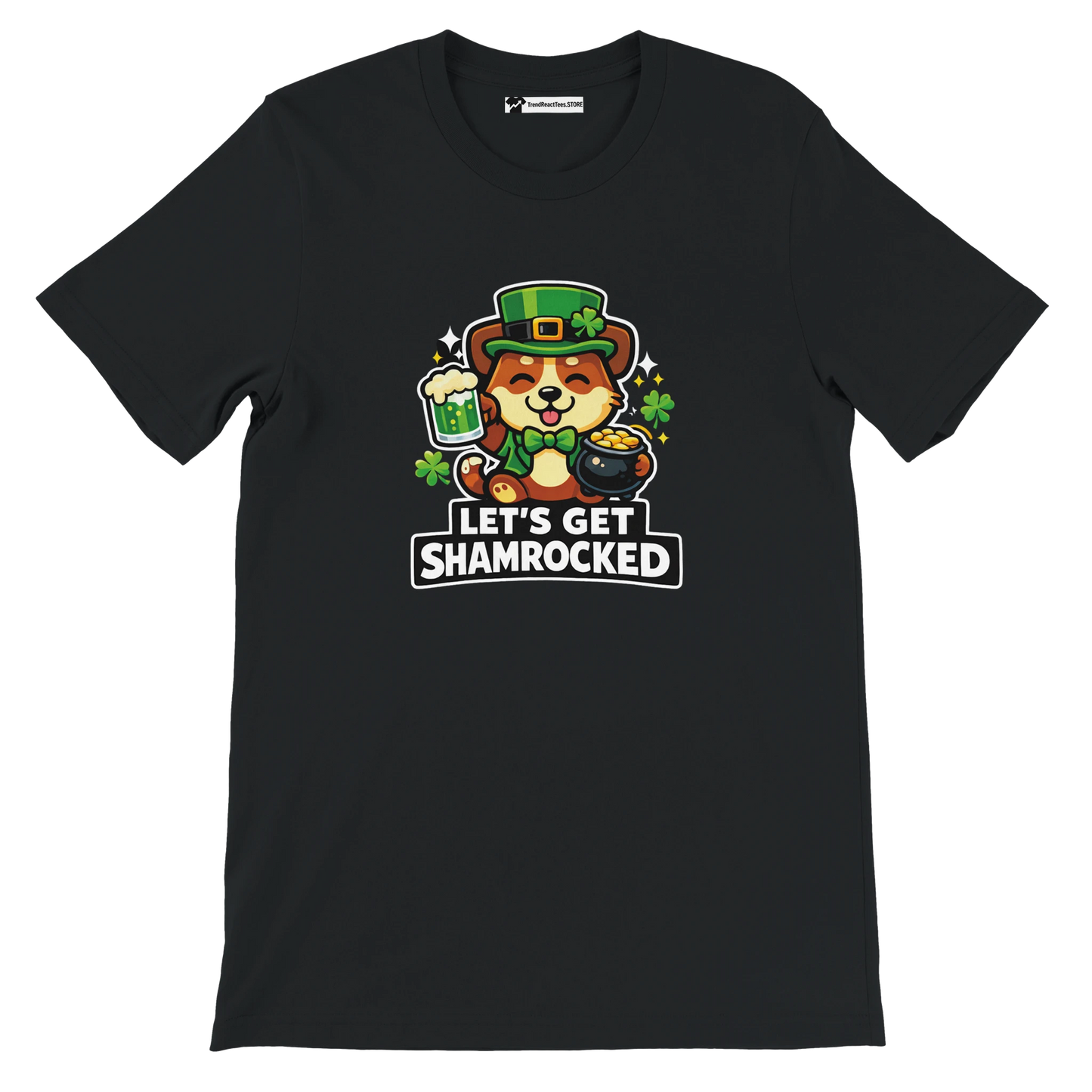 Black t-shirt with cute dog in leprechaun hat, shamrocks, beer, and 'Let's Get Shamrocked' text.