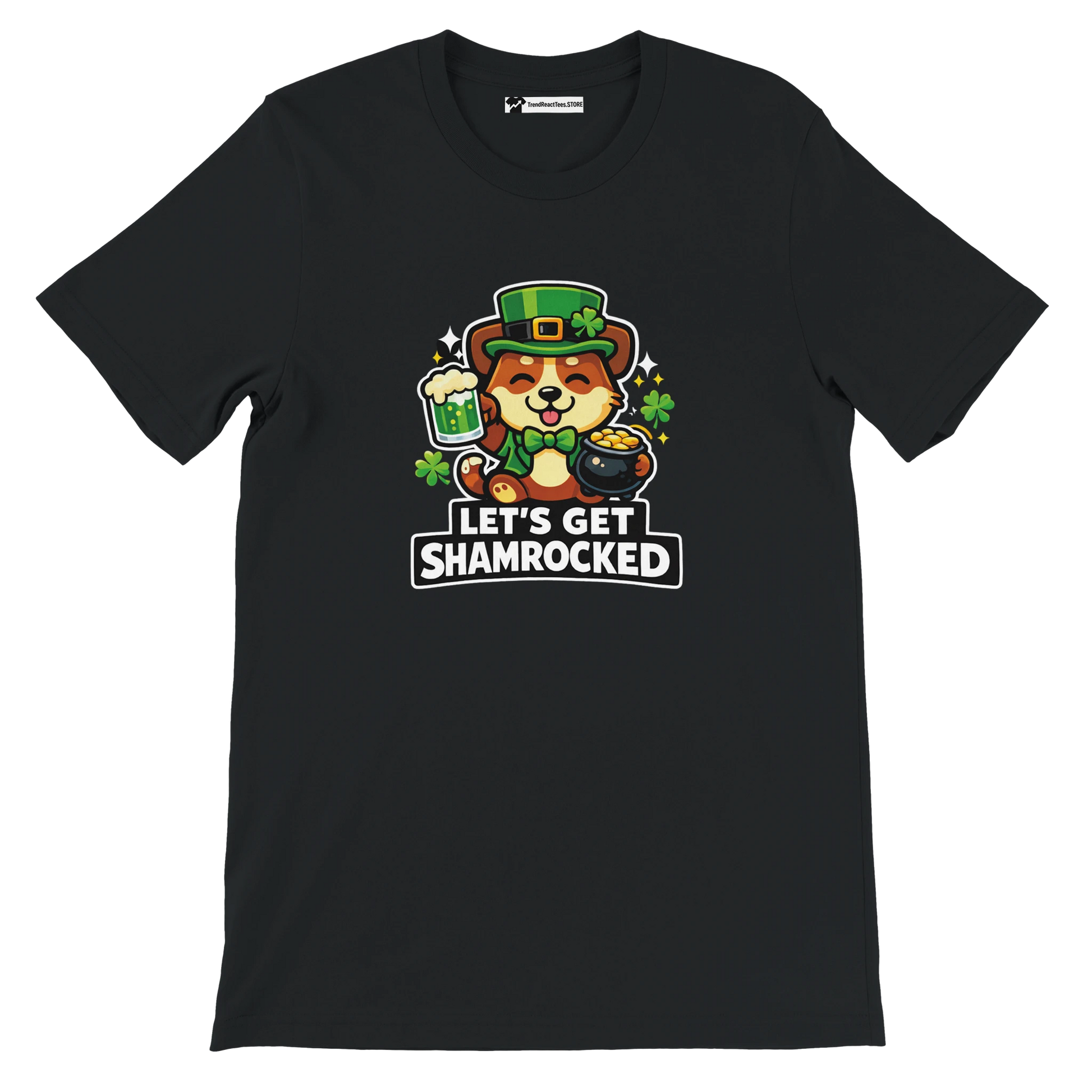 Black t-shirt with cute dog in leprechaun hat, shamrocks, beer, and 'Let's Get Shamrocked' text.