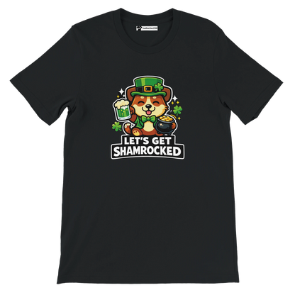 Black t-shirt with cute dog in leprechaun hat, shamrocks, beer, and 'Let's Get Shamrocked' text.