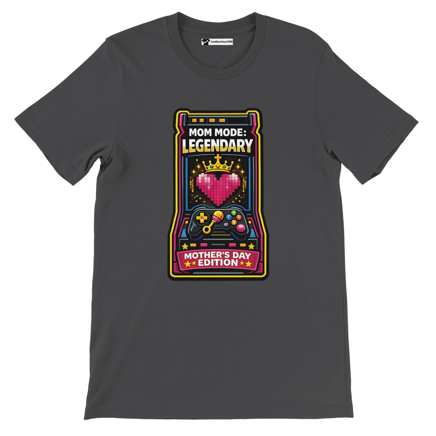 Dark graphic tee with pixel art heart, crown, game controllers, and 'Mom Mode: Legendary' text.