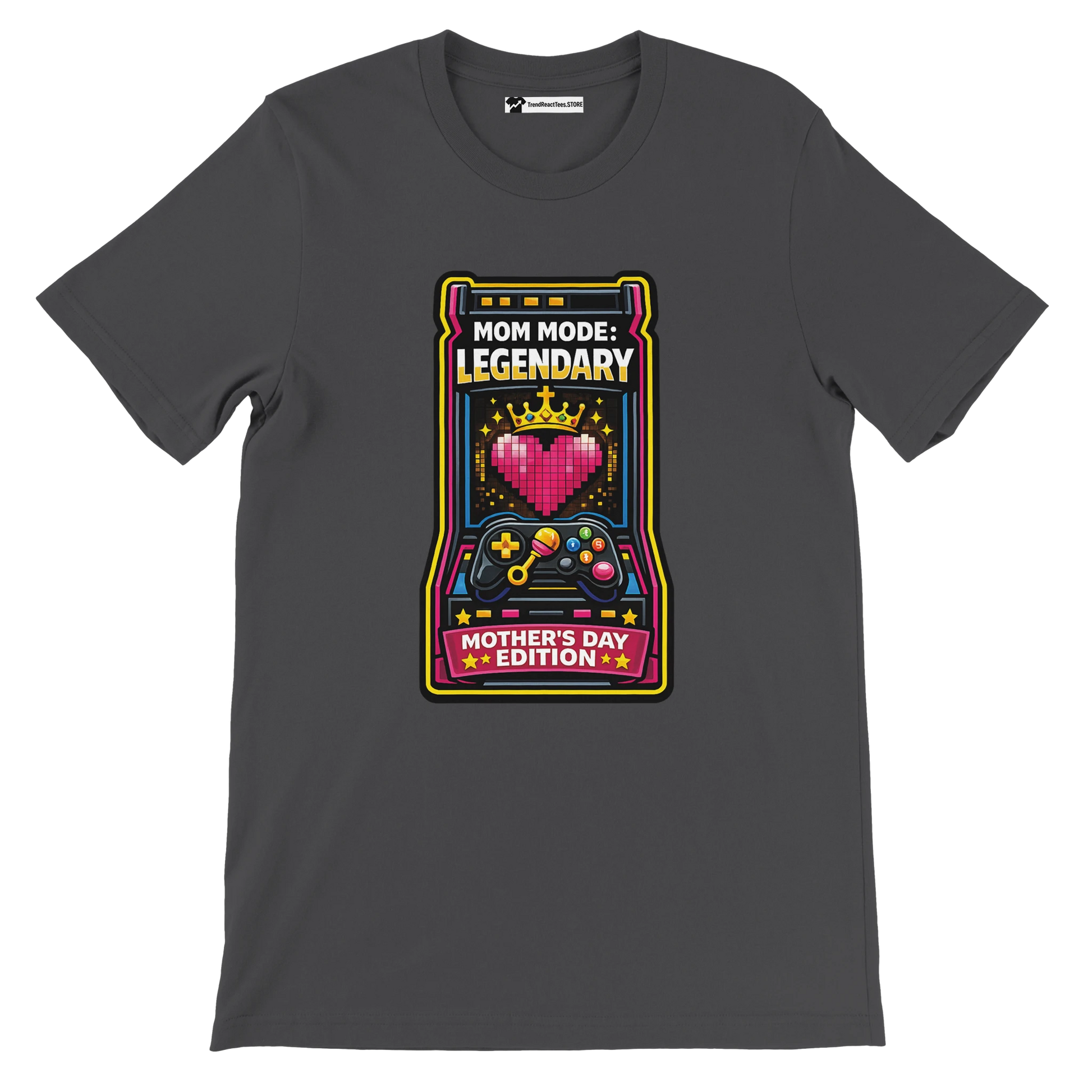 Dark graphic tee with pixel art heart, crown, game controllers, and 'Mom Mode: Legendary' text.
