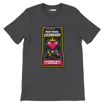Dark graphic tee with pixel art heart, crown, game controllers, and 'Mom Mode: Legendary' text.