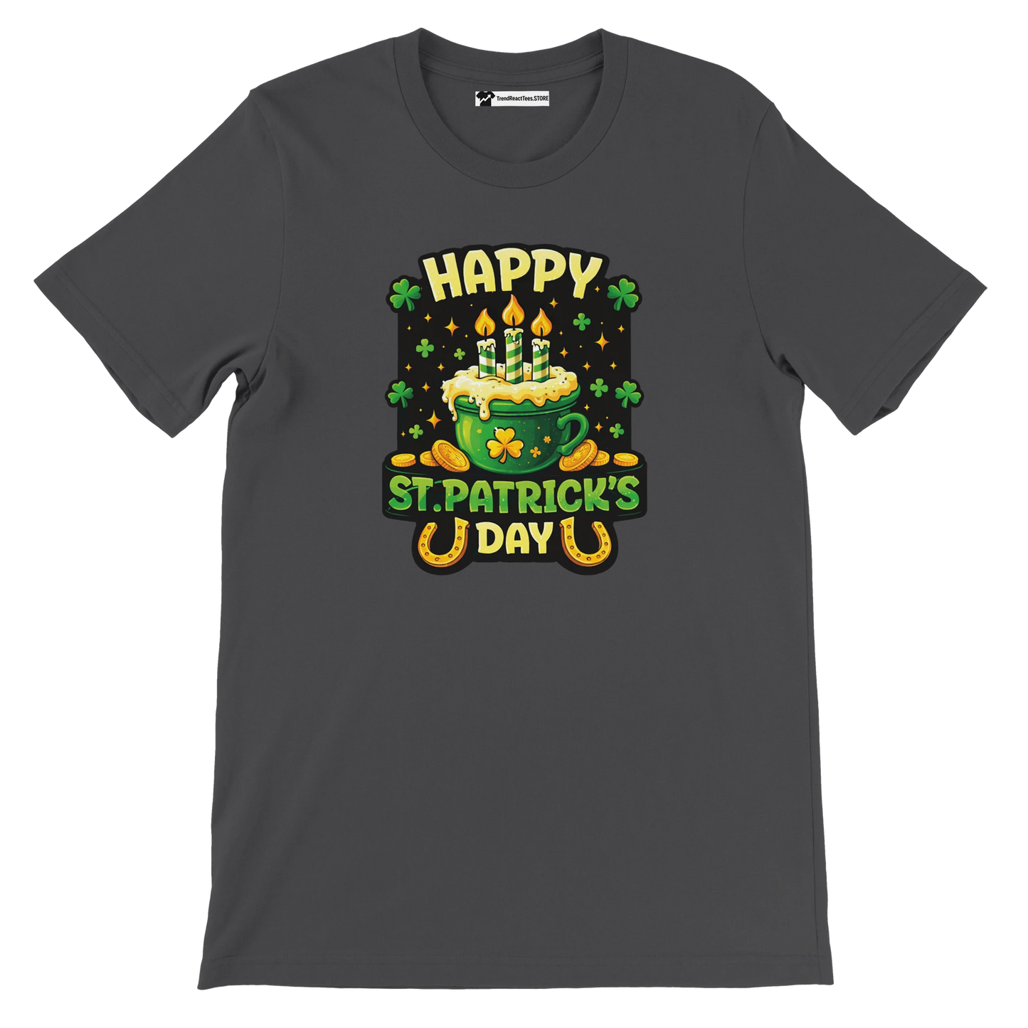 Happy St. Patrick's Day tee with green mug, candles, shamrocks, and gold coins design