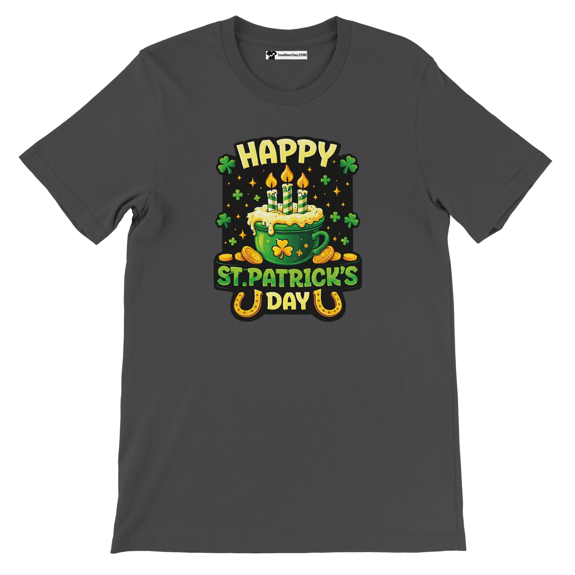Happy St. Patrick's Day tee with green mug, candles, shamrocks, and gold coins design