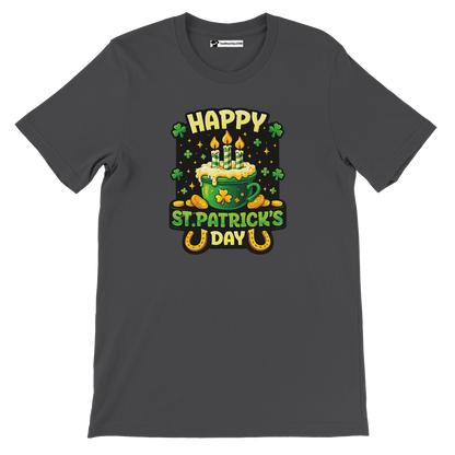 Happy St. Patrick's Day tee with green mug, candles, shamrocks, and gold coins design