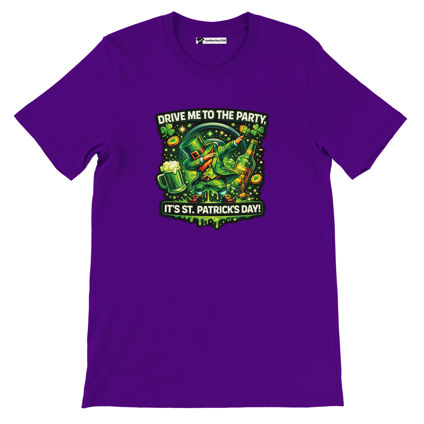 Purple St. Patrick’s Day tee with dabbing leprechaun, beer, shamrocks, and 'Drive Me to the Party' text