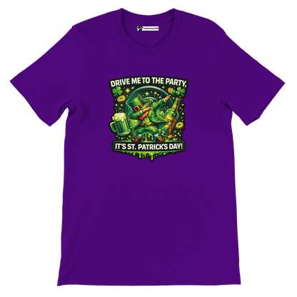 Purple St. Patrick’s Day tee with dabbing leprechaun, beer, shamrocks, and 'Drive Me to the Party' text