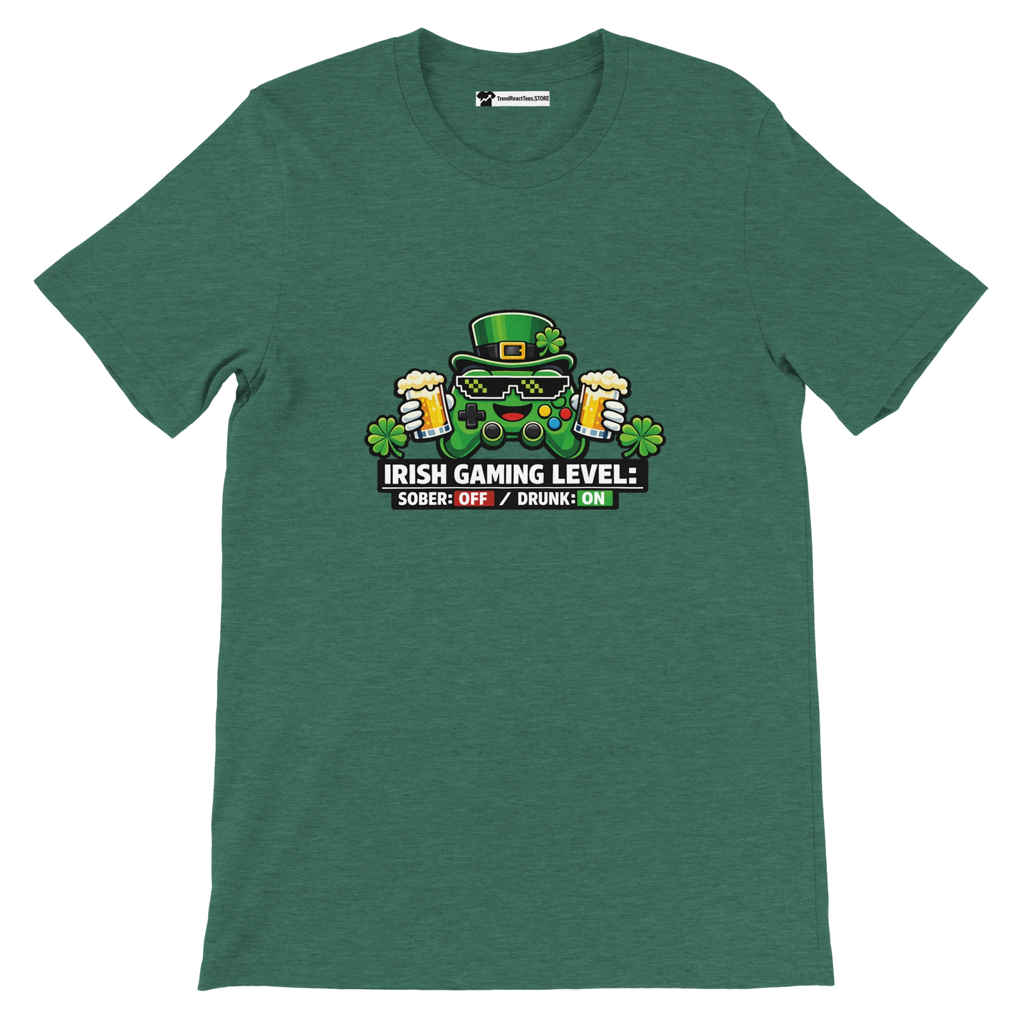Green Irish gaming t-shirt with controller, beer, shamrocks, and 'Irish Gaming Level' text for St. Patrick's Day.
